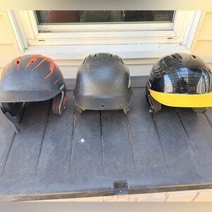 Lot of Three Batting Helmets - Black and Yellow, Orange and Navy, Black